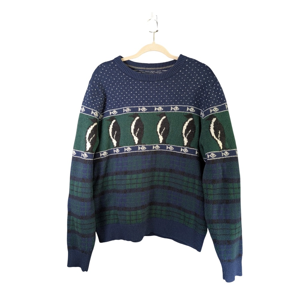Lands End Mens Penguin Sweater M Blue Green Plaid Wool Blend Crewneck